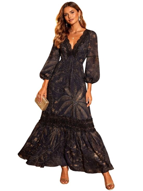 FARM Rio Dresses & Skirts - Farm Rio Anthropologie XS Black Metallic Tropical Print Midi Dress Balloon Stars